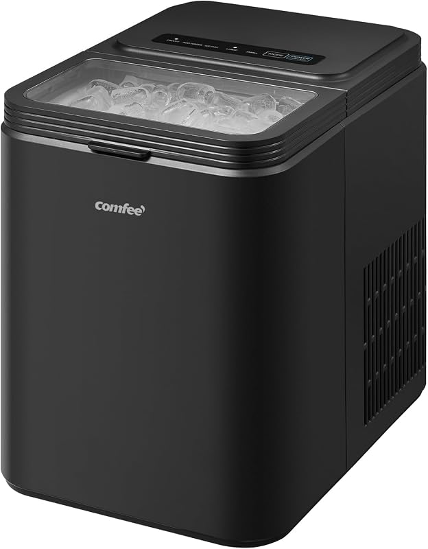 Comfee' RCI12BL1EU(E) Eiswürfelmaschine, 8 Eiswürfel in 6 Min.,12 kg/24 Std.,1,3L Wassertank, Selbstreinigungsfunktion, Kompakter Bullet Ice Maker, inkl.Eisschaufel & Korb für Zuhause– Schwarz
