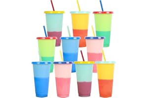 Yisituo 710ml Becher mit Deckel und Strohhalm, 10 Stück Farbwechsel Becher, für Kinder, Mehrweg Plastikbecher, für Partys, Smoothies und Travel (10, Polychrom)