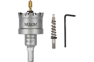 Mollom (41mm | 1-5/8") Scie cloche en carbure pour usage intensif avec 2 forets pilotes, coupe l'acier inoxydable, l'acier doux, le fer, le cuivre, le laiton et le plastique.
