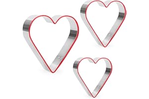 CRETHINK Set di 3 formine per biscotti a forma di cuore, per San Valentino, in acciaio inox, con PVC ecologico rosso, 10,8 cm, 8,7 cm, 5,7 cm