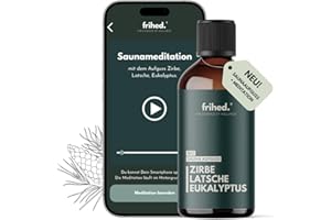 ‎FRIHED. NORDIC WEAR frihed.® Bio Saunaaufguss Zirbe, Latsche & Eukalyptus mit App Meditation - Hochkonzentriertes Saunaöl - befreiend - Langanhaltender Duft - Made in Lüneburg
