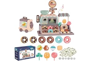 YOLIYOGO Pretend Play Donut Toy Candy Store Toy Realistic Functional Donut Oven with Lights and Sound Carrier Cart Candy Shop Toys 34pcs Kids Shopping Store Play Money Dessert Toy Educational Playset for Kids