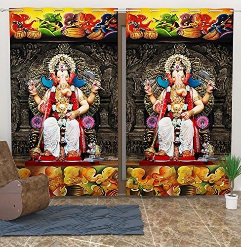 TIB Exclusive 3D Digital Printed Lord Ganesh Premium Eyelet Polyester Curtains for Bedroom, Living Room etc, 4x7, Pack of 2, Multi