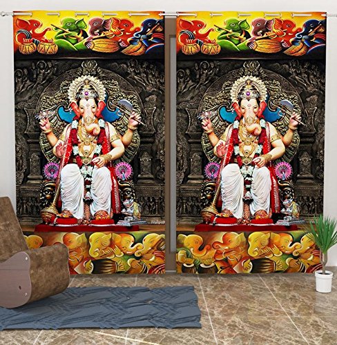 TIB Exclusive 3D Digital Printed Lord Ganesh Premium Eyelet Polyester Curtains for Bedroom, Living Room etc, 4x7, Pack of 2, Multi