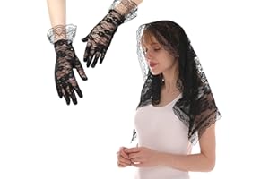 SamHeng Mantilla Veil & Gloves Kit, Elegant Rose Lace Women Church Veil Shoulder Length Chapel Head Covering with Floral Gloves for Wedding Prom Evening Party Costume