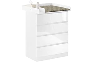 WOLTU Table à Langer + Commode avec 4 Tiroirs, Ensemble Meuble à langer pour Bébé, en Bois d’Ingénierie, Blanc + Blanc Brillant, 80x75x109,2cm