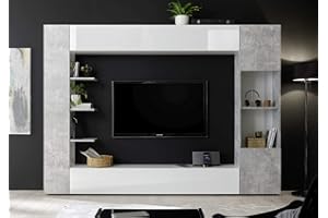 Web Convenienza Parete TV Attrezzata Collezione Sorano 3 B - Mobile Televisore in Legno con Ante a Ribalta Moderno - Color Bianco e Cemento