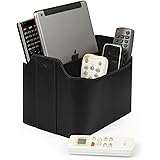 Londo Fjärrkontroll i läder arrangör och hållare med surfplattefack, fjärrkontrollhållare – multifunktion förvaring (svart)