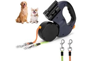 COLEXY Podwójna zwijana smycz dla psa, 3 m, elastyczna smycz z oświetleniem LED, automatyczna, długa smycz dla 2 psów do 15 kg, antypoślizgowy uchwyt, wytrzymała smycz do wyciągania, podwójna smycz dla