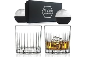 FLOW Barware Set di 2 bicchieri da whisky con design Art Déco, un set regalo di bicchieri da whisky. Tumbler pesanti per Scotch, Bourbon, Negroni e Rum. Include stampi per sfere di ghiaccio