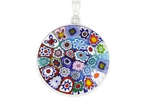 Glass Of Venice Murano Glass Millefiori Pendant Necklace Round Multicolor in .925 Sterling Silver Frame 1" for Women - Handmade in Italy