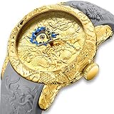Herren Automatikuhr Männer Mechanische Automatik Schwarz Militär Wasserdicht Skelett Gold Designer Armbanduhren Mann Luxus Großes Chinese Stil 3D Drachen Analog Gummi Uhr