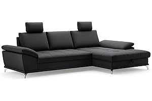 ‎CAVADORE Cavadore Ecksofa Castiel mit Federkern / Eckcouch mit XL-Longchair, Bett, Bettkasten, Sitztiefenverstellung, Kopfstützen und mattschwarzen Metallfüßen / 301 x 89-114 x 176 / Echtleder, Schwarz