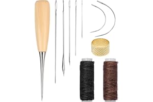 FESSOSKO 11Pcs Kit de Aiguilles à Coudre Main, Aiguilles Couture Cuir avec Fil Ciré, Kit Couture Kit Reparation Cuir avec dé à Coudre Poinçon Aiguille pour l'artisanat, Restauration du Cuir