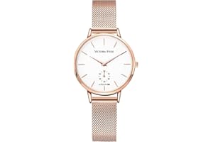 VICTORIA HYDE Damski modny zegarek z przezroczystą białą tarczą, odpinany pasek z prawdziwej skóry z siatki ze stali nierdzewnej