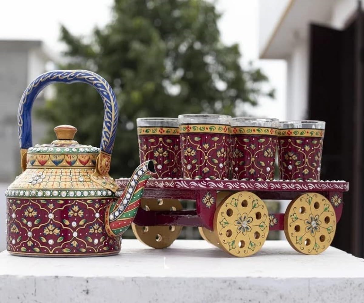 Rajasthan Craft Point Hand Painted Tea Kettles Review: 6 Glass Sets & Wooden Cart
