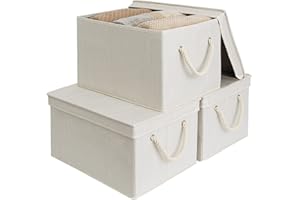 StorageWorks Wardrobe Storage Boxes with Lids, 32L Foldable Storage Bins for Shelves Organising, Decorative Storage Baskets with Lids and Soft Rope Handles, Mixing of Beige, White & Lvory, 3-Pack