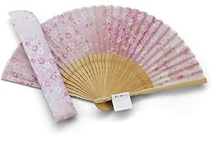 Maisendo Handfächer Sakura Fubuki Kirschblüte rosé, Bambus Holz und Stoff, Premium-Qualität Baumwoll Etui und Geschenkbox