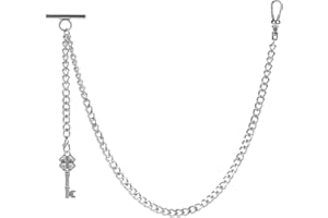ZTA Albert Chaîne de montre de poche pour homme avec pendentif en forme de clé d'amour avec fermoir pivotant en T, Argenté., Antique