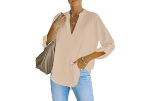 NONSAR Chemisier élégant à col en V pour femme Henley Chemisier ample à manches enroulables