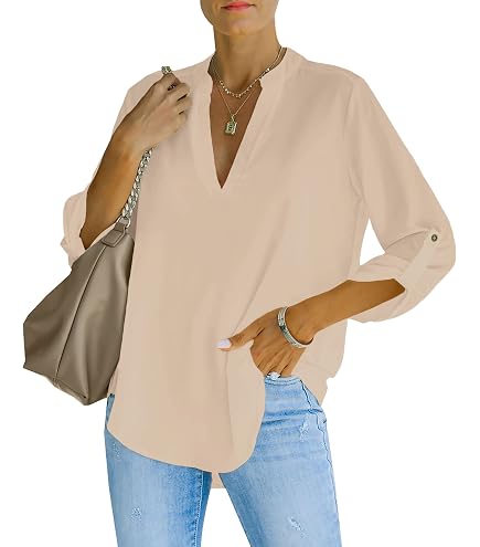 Chemisier Femme En Satin De Soie Champagne - Manches 3/4, Col V, Plis élégants - Haut Chic Bureau, Soirée, Casual - Matière Fluide Et Douce - 12