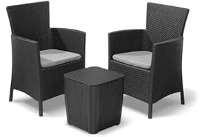 ALLIBERT Keter Iowa 3-Piece Rattan Effect Storage Table Balcony Bistro Set - Graphite