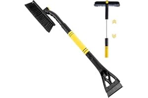 FFTANXS 3in1 Eiskratzer Auto mit Besen, Auto Eiskratzer Winter Schneebesen Auto autozubehör, Abnehmbar eiskratzer Langer stiel Ausziehbare schneeschieber, Schneefeger mit Rotierender Kopf (gelb)