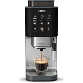 KRUPS Coffee Crush, Automatic Coffee Maker, Milk Frother, Compact, Coal | Coffee in Grain and Grind, 15 Bars, 3 Coffee Recipe