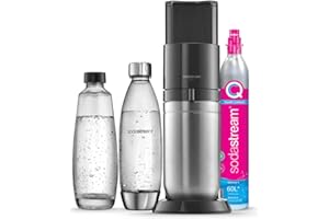 Sodastream Duo - Máquina de agua con gas y soda para jarra de cristal | Pack 1 jarra de cristal 1L + 1 botella 1L acabado acero inoxidable lavavajillas + 1 recarga de gas de 60 L para Clipser, color