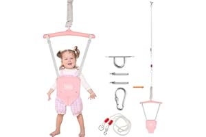 FUNLIO Baby Jumper with a Ceiling Hook for 6-24 Months, Baby Door Jumper for Indoor/Outdoor Play, Infant Jumper Doorway with Adjustable Chain, Easy to Assemble & Store (with a Ceiling Hook)-Pink