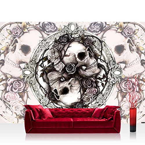 Fototapete 254x184 cm PREMIUM Wand Foto Tapete Wand Bild Papiertapete - Illustrationen Tapete Alchemy Totenkopf Vintage Schädel Rosen schwarz - no. 2718