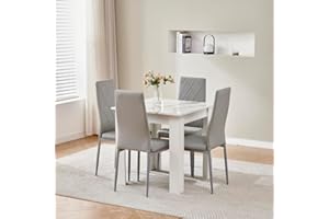 HOMULLEL 75x75 cm Small Dining Table and 4 Chairs, 4 Seater Table and Chairs Set Kitchen Dining Room Set for 4, Compact, Space Saving, Wooden, Glossing Tabletop Marble-White (4 Seats, Faux Leather Grey #2)