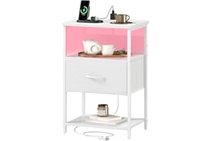 Somdot Bedside Table with Charging Station and LED Light, Small Bed Side Table for Bedroom Dorm Kids Room Closet, 1 Drawer Bedside Cabinet with 2 Outlets and 2 USB Ports, White Leather