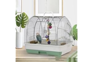 HAPIHOM Travel Bird Cage Carrier, Portable Travel Box with 2 Food Bowls, 2 Perches and Tray, Metal Large Parakeet Cages for Small to Medium Sized Birds Cockatiels Lovebirds Canaries Budgies 42x32x37cm