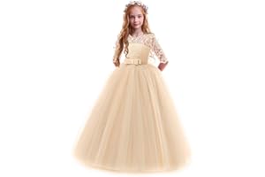 IWEMEK Enfants Fille Robe de Carnaval Princesse Longue en Dentelle avec Bowknot Demoiselle d'honneur Robe de Soirée Mariage Robe de Première Communion Anniversaire Fête Photographie 2-14 Ans