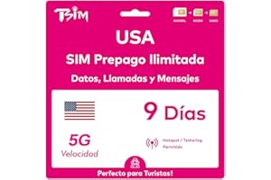 TSIM Tarjeta SIM de EE. UU. 9 días. Red T-Mobile con Datos ilimitados de Alta Velocidad en 5G/4G/LTE | Llamadas Locales y Mensajes ilimitados en EE. UU. (Incluido Hawái). ¡Tarjeta SIM 5G!