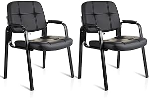 CLATINA Guest Waiting Reception Chair with Bonded Leather Thick Cushion and Padded Arm Rest Stationary Desk Chairs for Office Conference Meeting Lobby Hall Side Break Room, Black, 2 Pack