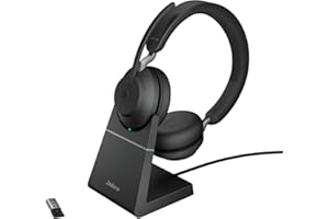 Jabra Evolve2 65 Wireless PC Headset with Charging Stand – Noise Cancelling Microsoft Teams Certified Stereo Headphones with Long-Lasting Battery – USB-A Bluetooth Adapter – Black