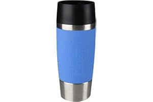 Emsa Travel Mug - Taza térmica de 0.36 l, mantiene calor 4 h y frío 8 h, acero inoxidable con base antideslizante y zona de agarre de silicona con letras grabadas, color azul cielo