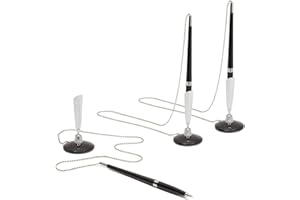 JUVALE Desk Pens, 3-Pack of Ballpoint Pens with Secure Chain Attached Base, Adhesive Bottom, Black, 0.5 mm