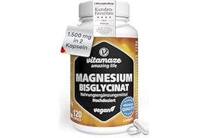 ‎VITAMAZE - AMAZING LIFE Magnesium Bisglycinat Kapseln hochdosiert, 1500 mg in nur 2 Kapseln davon 300 mg elementares Magnesium pro Tagesdosis, 120 vegane Kapseln für 2 Monate, ohne Zusatzstoffe, Made in Germany
