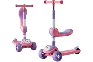SOBEBEAR Kids Foldable 3 Wheel Scooter, Adjustable Height with LED Flashing Wheels, Removable Seat, Soft Handlebar Grips Ride-On Scooters for Boys & Girls Age 3+ Years