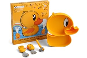 BEWOS Yellow Duck Style Baby Weaning Set 4 PCS, Baby Cutlery Set, Baby Feeding Set Includes Baby Suction Plate, 304 Nice Quality Stainless Steel Fork and Weaning Spoon, etc, Nice Gift for Babies