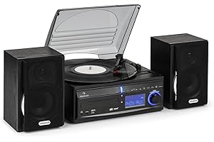 auna MG-DS2 HiFi Stereoanlage, Plattenspieler mit Lautsprecher, Musikanlage mit Schallplattenspieler, Kompaktanlage mit CD und Radio, CD Player, Digitalisierungsfunktion, USB, SD, schwarz