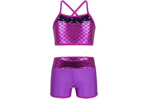 Alvivi Conjunto Brillante de Baile Moderno para Niñas Crop Top y Leggings Cortos Maillot de Gimnasia Rítmica Traje de Deportivo Yoga 6-14 Años