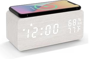 Lancoon Sveglia a LED in legno con ricarica wireless con visualizzazione di temperatura e umidità, calendario luminosità regolabile, controllo del suono, per camera da letto, casa, ufficio (bianco)