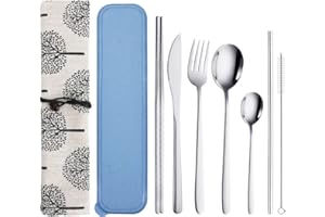 Set 9 Pezzi di Posate Portatili con Custodia, QLFJ-FurDec Utensili da Viaggio Riutilizzabili in Acciaio Inossidabile con Coltello, Forchetta, Cucchiaio, Bacchette, Spazzole, Cannucce, Custodia