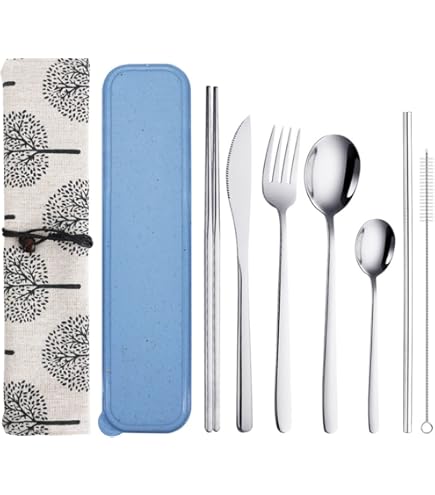 Set Posate Da Viaggio 10 Pezzi - Acciaio Inox Nero, Con Custodia, Per Campeggio, Ufficio, Picnic