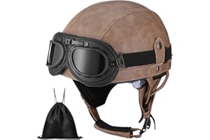 BDTOT Casque de Moto Vintage Cuir Retro Vintage Scooter Open Face Demi Casque de Cuir avec Lunettes Certifié ECE Bols pour Homme et Femme Adultes Demi-Casques avec Sac de Rangement