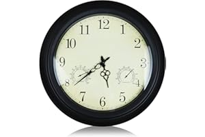 UNEED-GCY 18 Inch Large Outdoor Wall Clock, Waterproof Clock, Wall Decorative Clock with Thermometer and Hygrometer Combo for Patio, Garden, Pool - Black